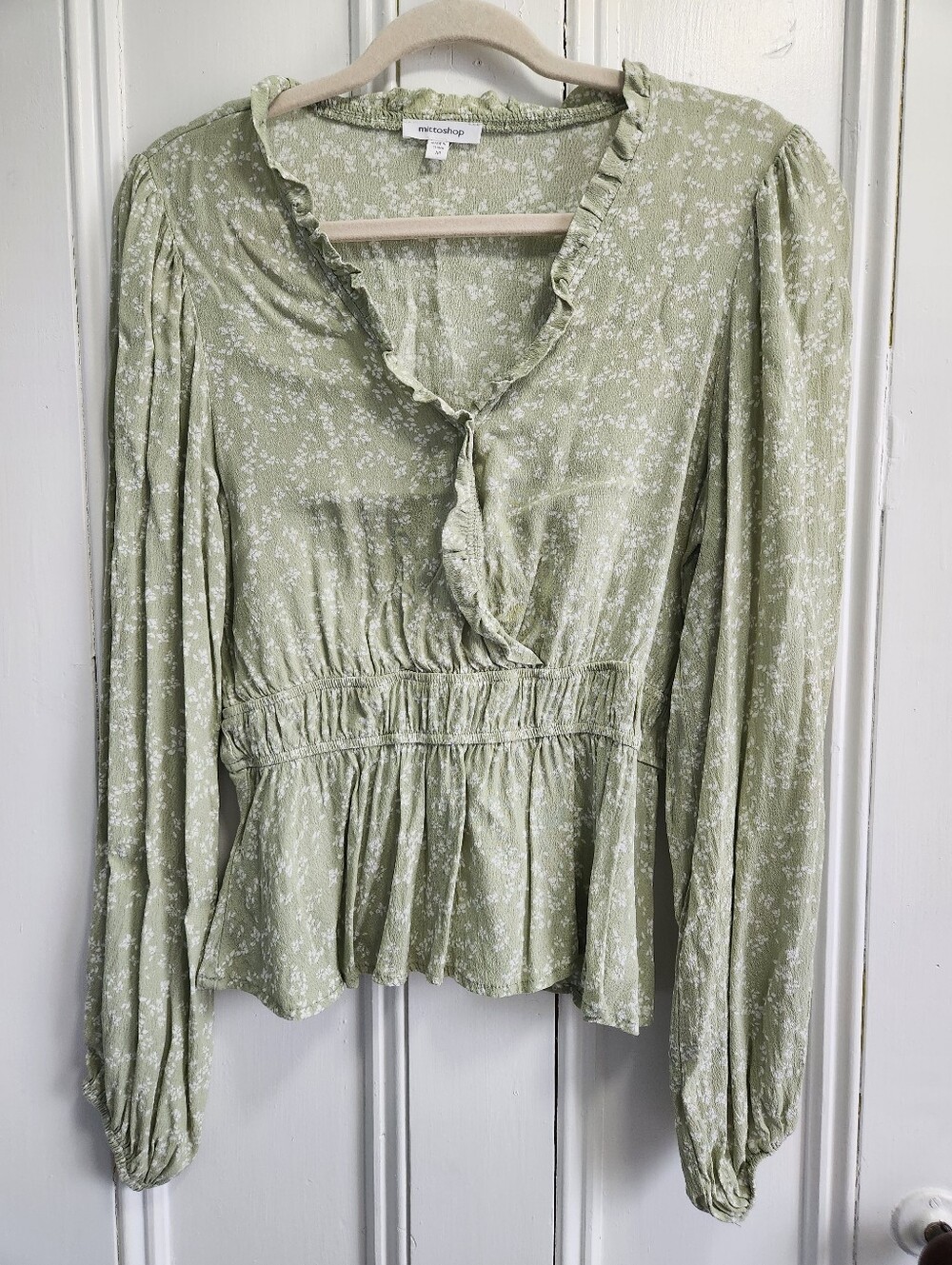 Mittoshop Light Green Floral Smocked Blouse - Size Medium